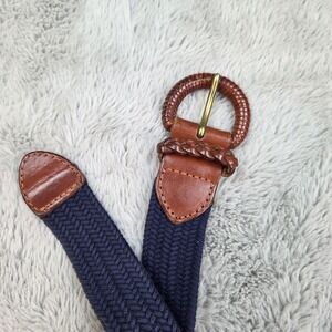 Talbots Belt Womens Medium  Blue Woven Braided Stretch Brown Leather Buckle Trim